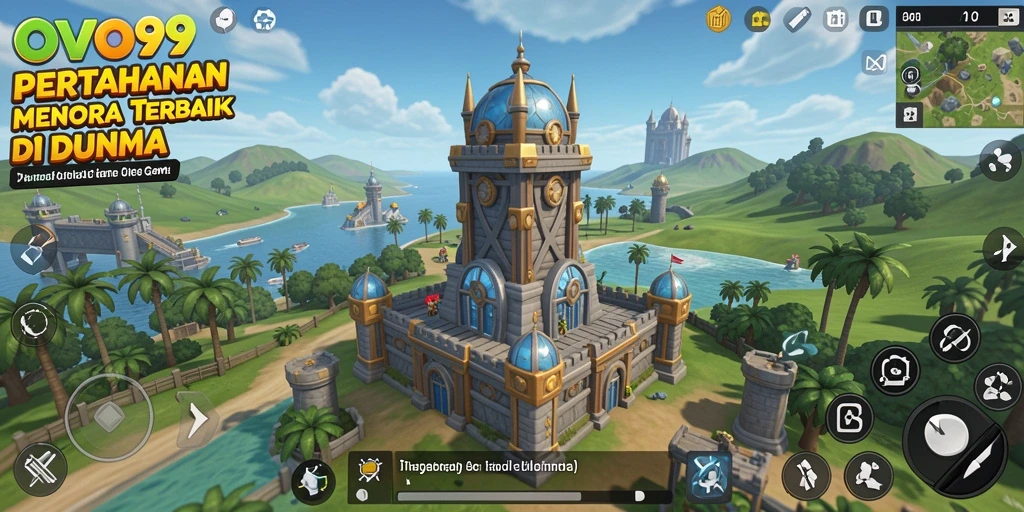 Screenshot gameplay OVO99 menunjukkan pertempuran menara yang intens.