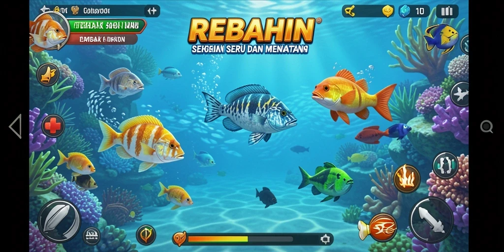 Tampilan gameplay seru dalam REBAHIN saat menembak ikan.