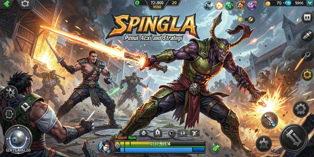 Gameplay SPINGILA yang mendebarkan dengan pertarungan karakter bertarung.